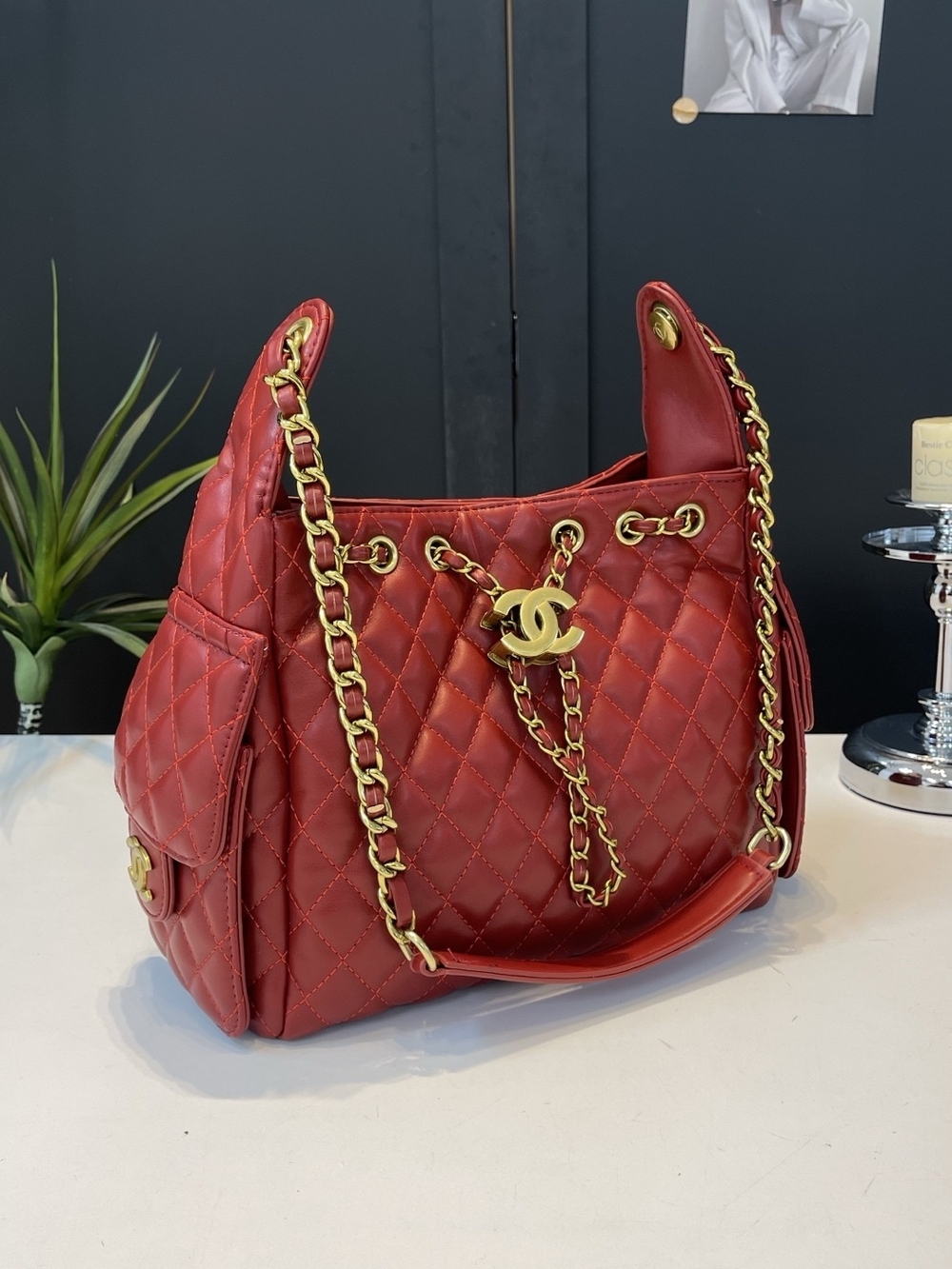 Quilted Red Leather Shoulder Bag with Gold Chain Hardware